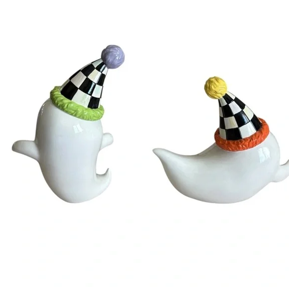 MacKenzie Child Trick or Treat Ghost Figurines Set of 2 Party Hats Black White